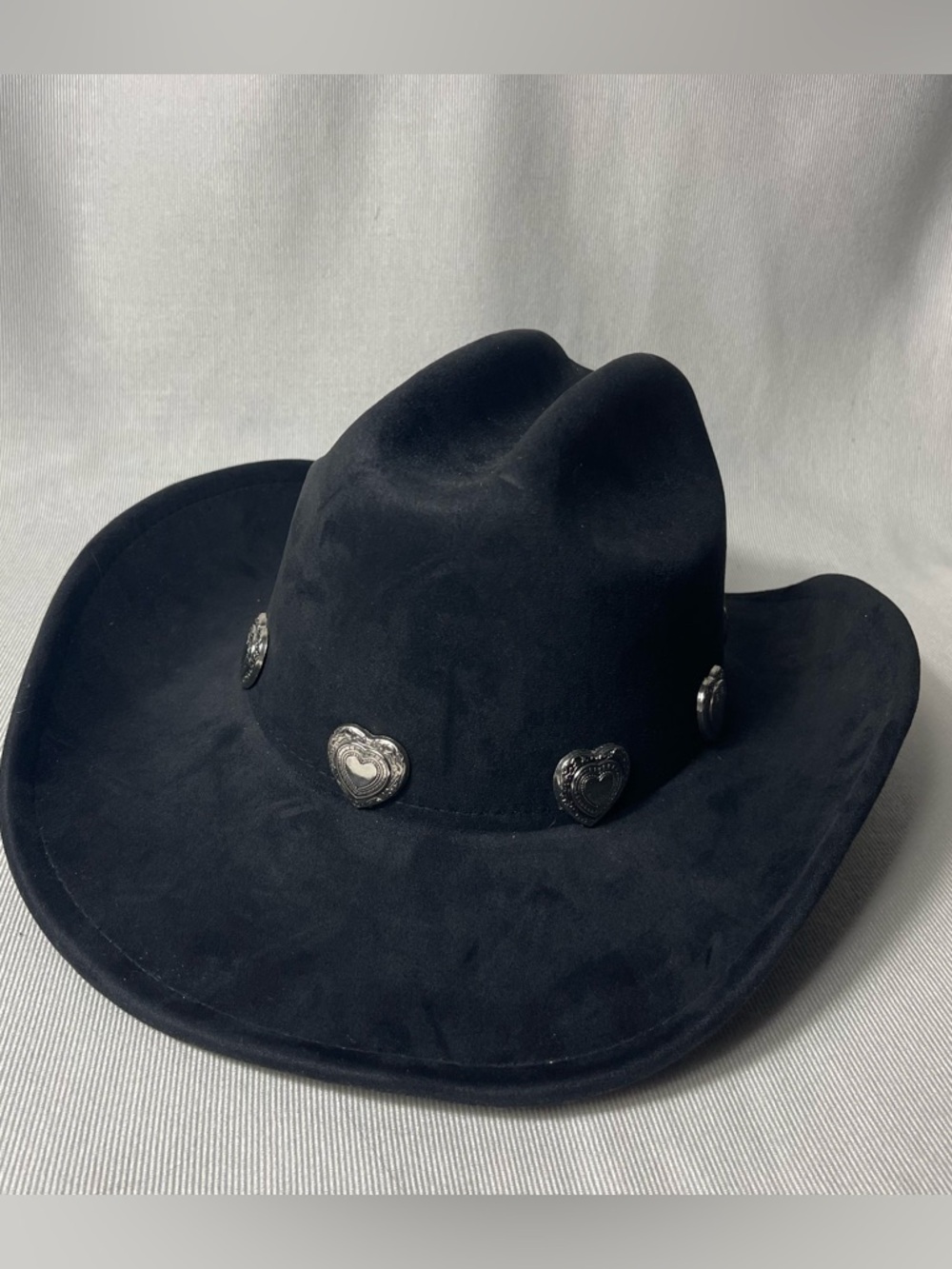 Black Faux Suede Western Cowboy Hat with Heart Conchos